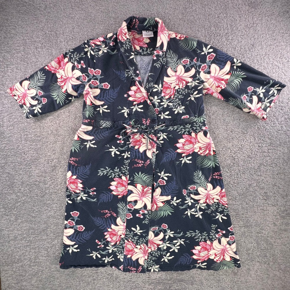 Gownies Floral Maternity Delivery Robe Navy‎ Blue Pink Lily M/L Pockets Nursing